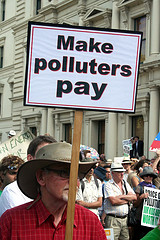 Demonstrant mit einem Plakat "Make polluters pay".